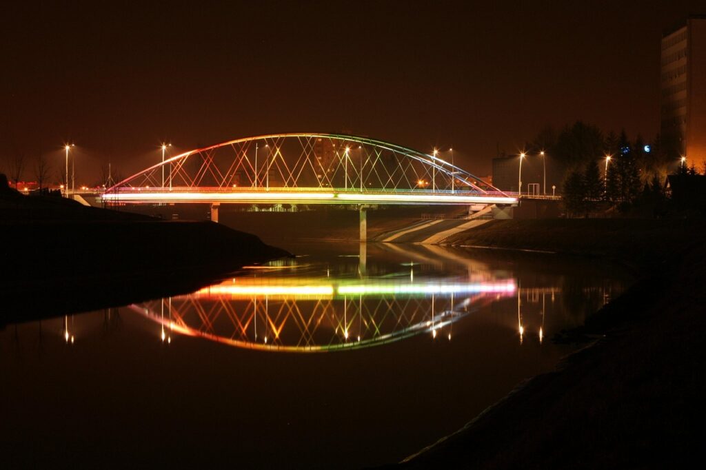 bridge, light, lit, river, colorful, rzeszów, poland, street, water